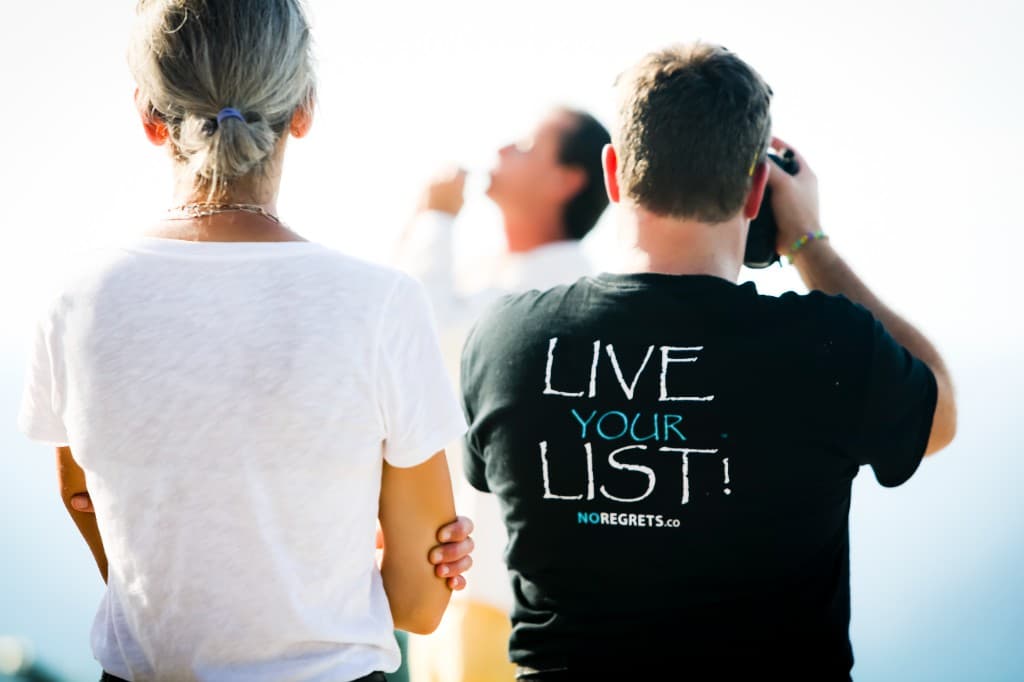 adventurers overlooking scenic vista, discovery moment with camera, Live Your List