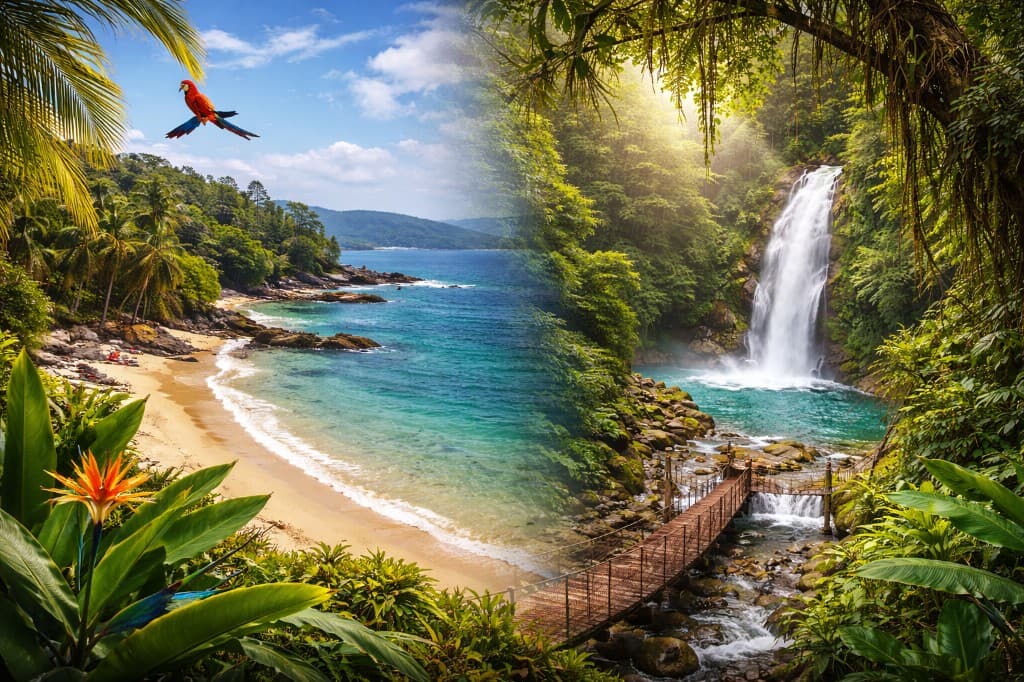 Tropical beach and jungle waterfall scene